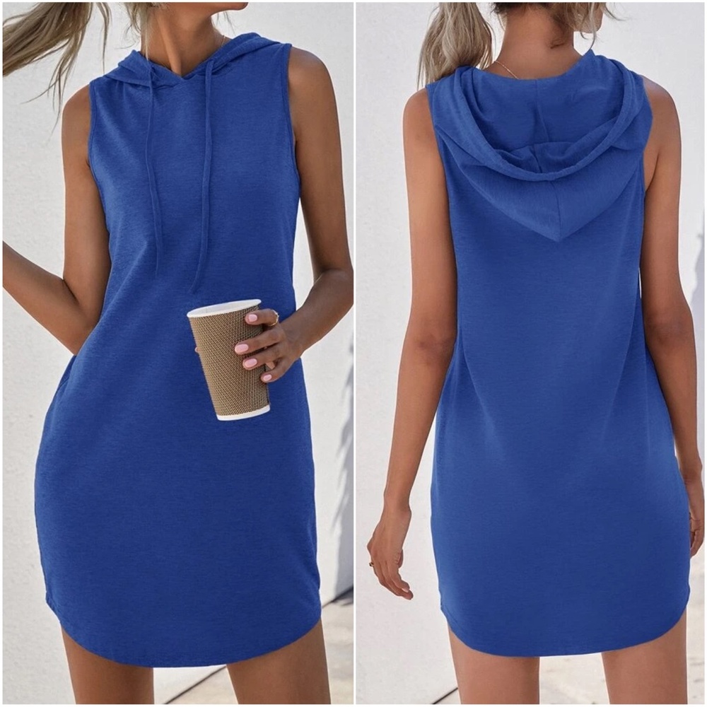 Casual Blue Minimalist Sleeveless Hoodie Dress - Picture 1 of 9
